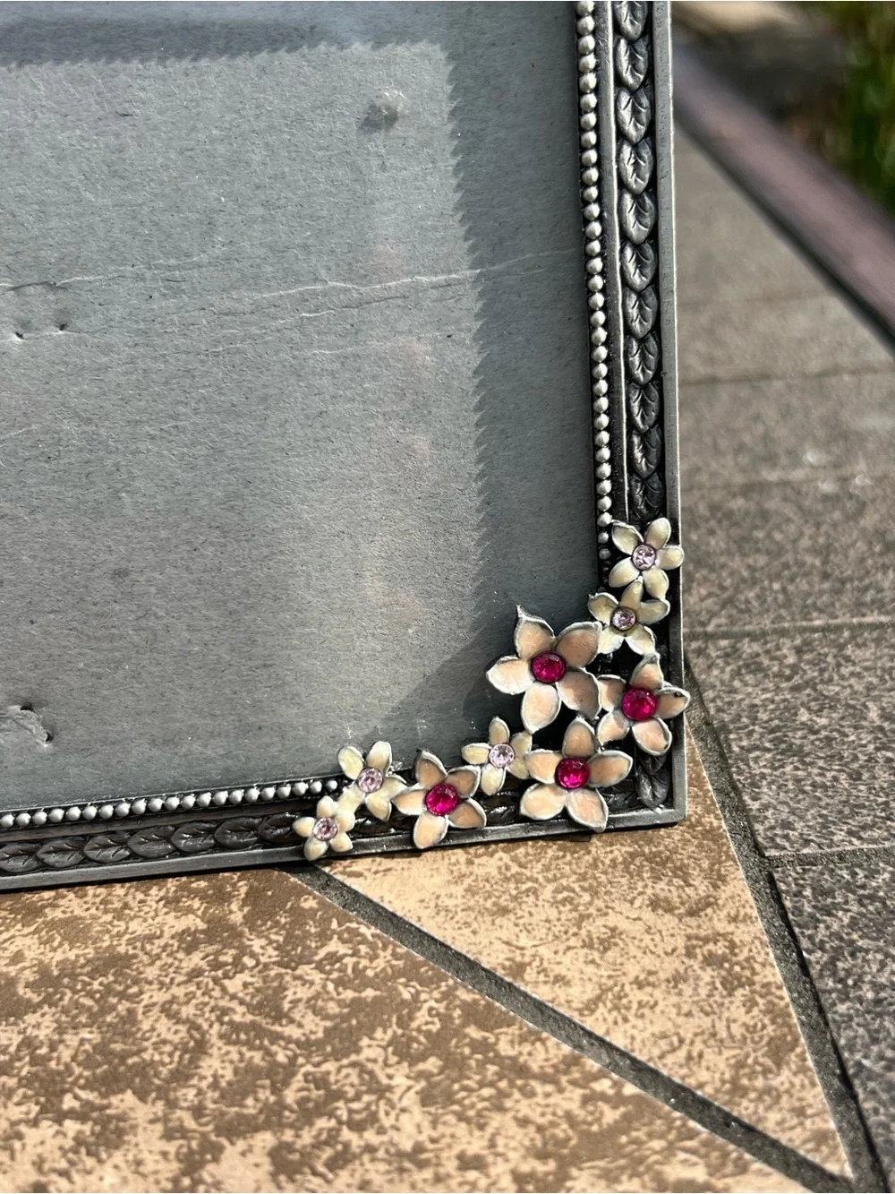 Vintage Silver Rectangular Floral Picture Frame with Enameled Pink Accent Stones